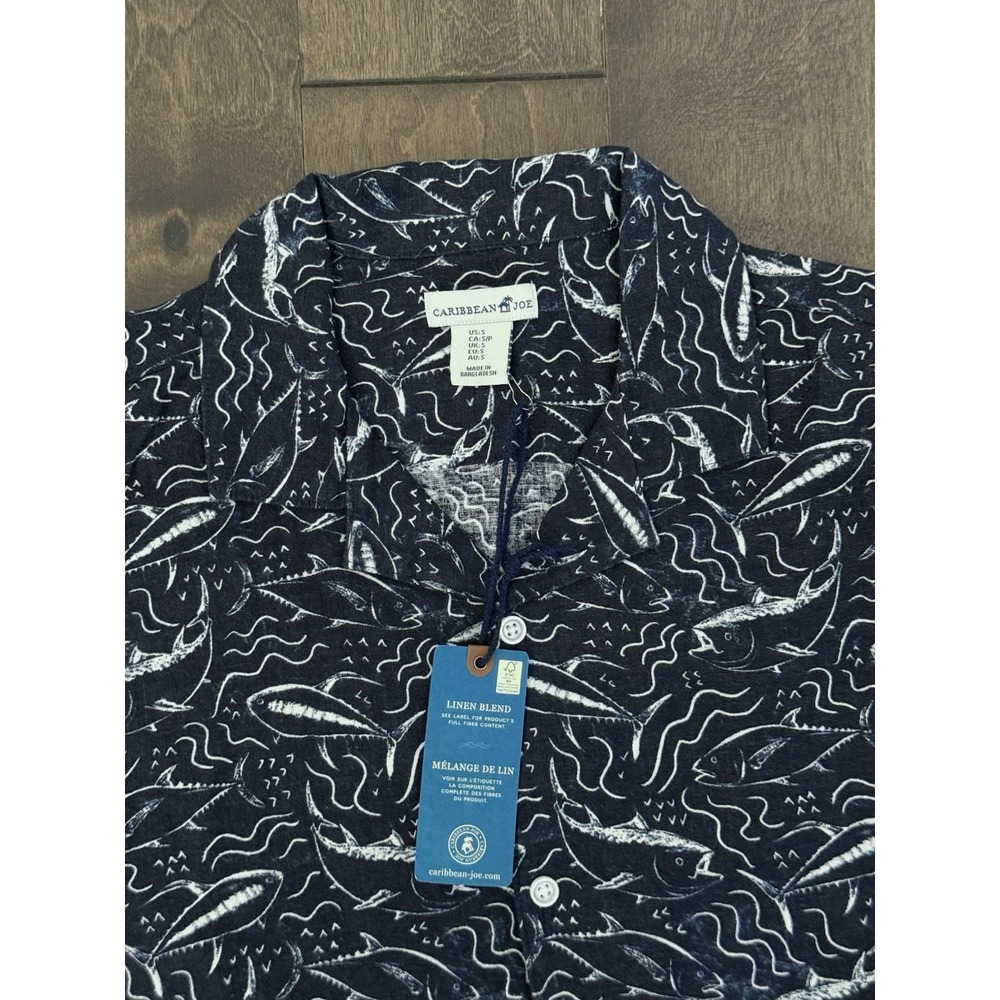 NWT Caribbean Joe Mens Navy Blue Button Down Fish Print Linen Shirt Size S Chill